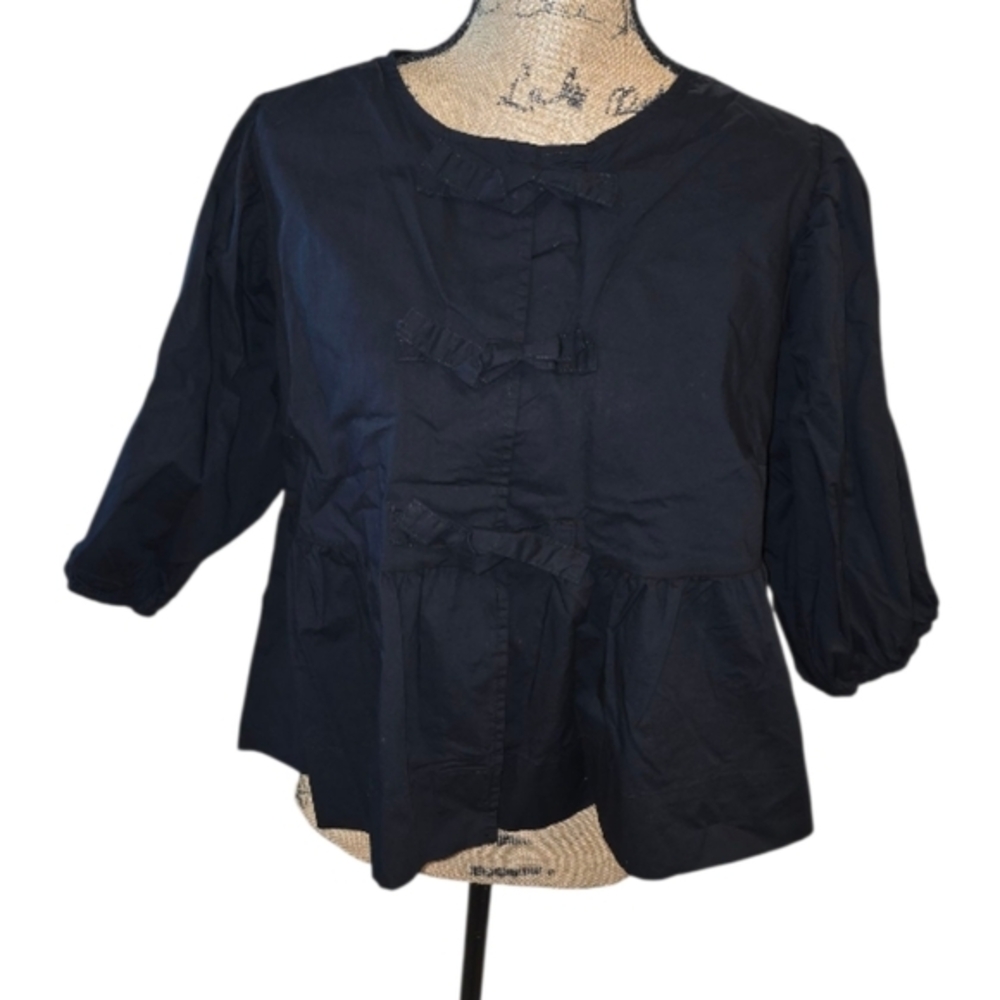 Velvet Heart Black‎ Bow Ties Peplum Puff Sleeve Women's Top Size Medium New - Picture 3 of 7